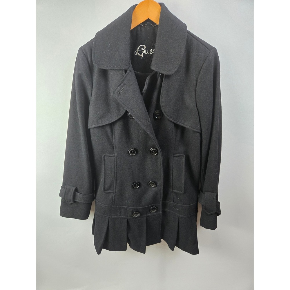 Guess Black Wool Blend Pleated Pea Coat Trench Jacket Womens Large L RN 54163